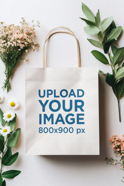 Mockup of an AI-Created Gift Bag Surrounded by Flowers