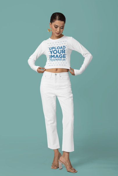 Mockup of a Woman Wearing a Crewneck Crop Top with Long Sleeves m37670
