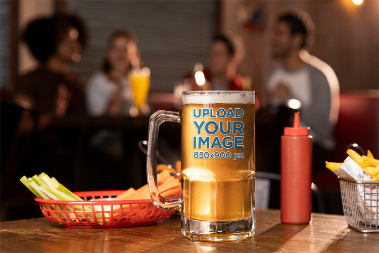 Sports Bar Mockup Featuring a Beer Glass with French Fries and Vegetable Sticks