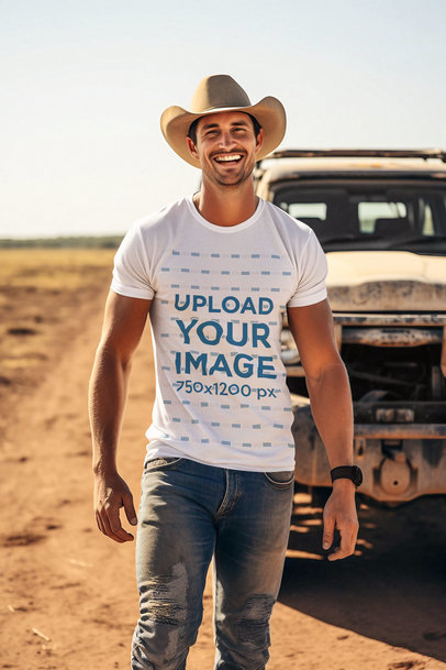Western-Themed Mockup of a Smiling Cowboy Wearing a T-Shirt in front of His Truck 