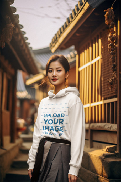 AI-Created Mockup of a Woman Wearing a Pullover Hoodie on a Narrow Street