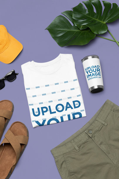 Outfit Mockup Featuring a Bella Canvas Crewneck Tee and a Travel Mug m37447