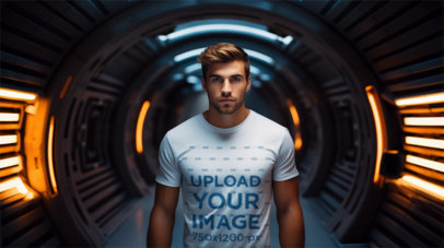 T-Shirt Mockup of an AI-Generated Man Inspired by a Star Wars Aesthetic