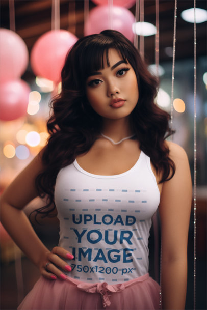 Tank Top Mockup of an AI-Generated Woman in a Coquette-Style Outfit