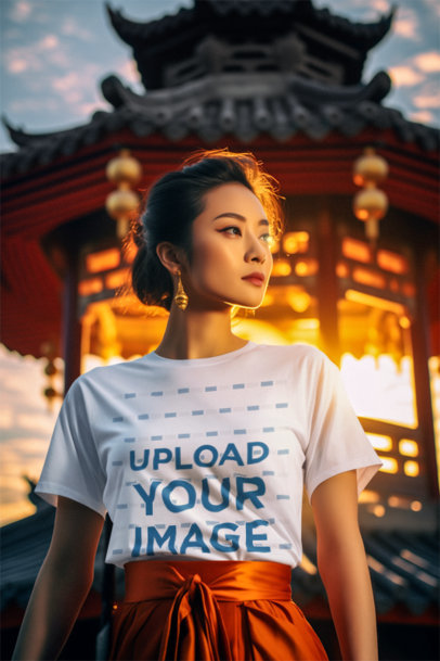 T-Shirt Mockup of an AI-Created Woman in Front of a Japanese Building