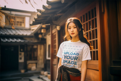 Mockup of an AI-Generated Woman Wearing a Crewneck T-Shirt in a Japanese Neighborhood