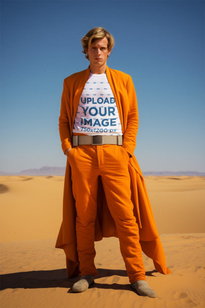 Star Wars-Inspired Mockup of a Man Wearing a T-Shirt in a Desert 