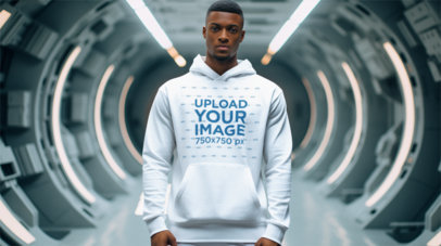 Pullover Hoodie Mockup Featuring an AI-Created Serious Man in a Star Wars-Inspired Landscape