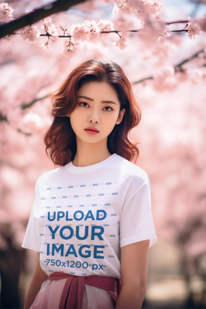 Crewneck Tee Mockup of an AI-Created Woman Posing Under a Tree with Pink Flowers