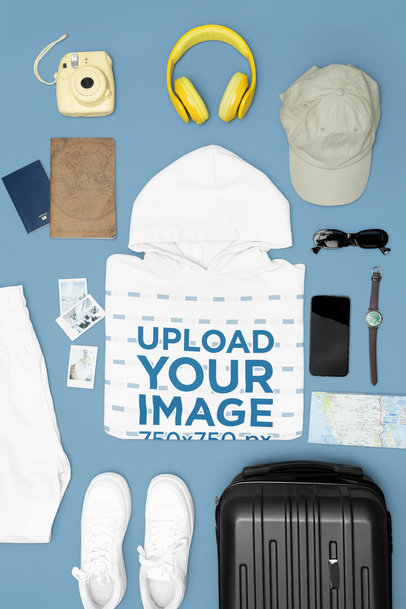 Outfit Mockup of a Gildan Pullover Hoodie Surrounded by Travel Accessories