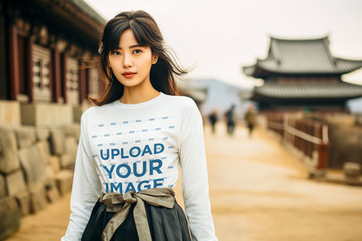 AI-Created Mockup Featuring a Woman with Dark Hair Wearing a Long Sleeve Tee 