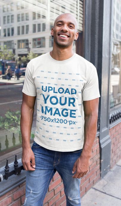 Mockup of a Happy Bald Man Wearing a T-Shirt on the Street