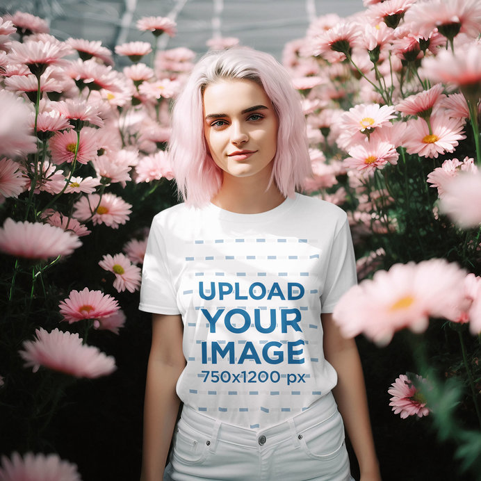 T-Shirt Mockup of a Woman with Pink-Dyed Hair Surrounded by Flowers