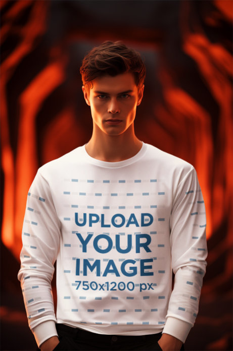 Star Wars-Inspired Long Sleeve Tee Mockup of a Man Standing in a Fire Landscape