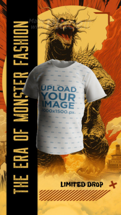 Video of a Spinning 3D T-Shirt Featuring a Kaijus-Inspired Theme