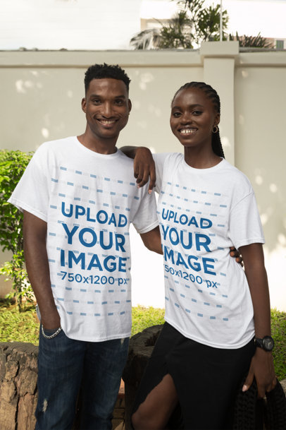 Matching T-Shirt Mockup of a Happy Man and Woman Hugging Each Other