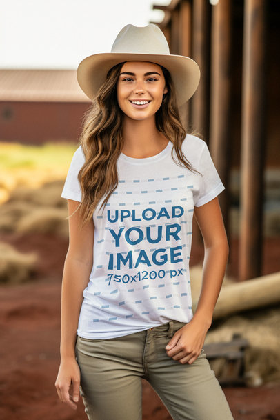 Western-Aesthetic Mockup of a Woman Wearing a Crewneck Tee and a Cowgirl Hat m36796