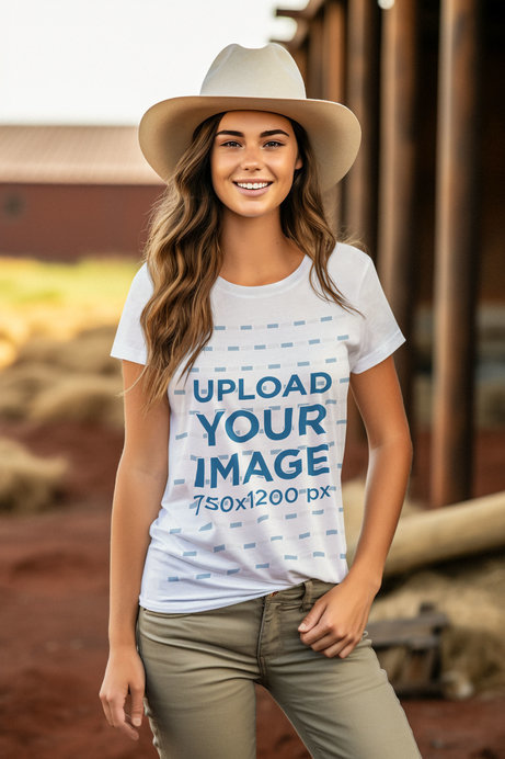 Western-Aesthetic Mockup of a Woman Wearing a Crewneck Tee and a Cowgirl Hat