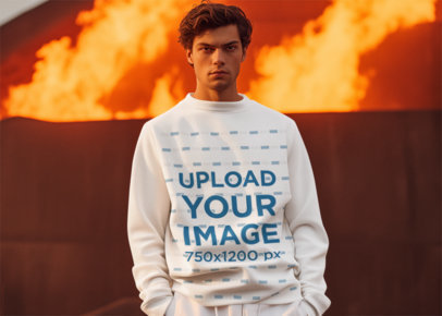 Star Wars-Inspired Sweatshirt Mockup of a Man Standing in front of Flames