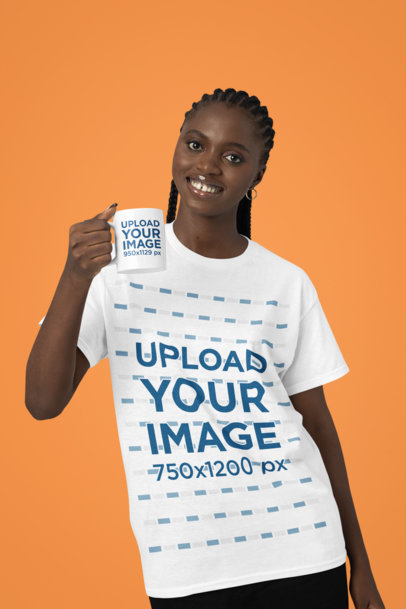 Round-Neck Tee Mockup Featuring a Happy Woman With an 11 Oz Coffee Mug m37937