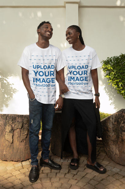 Crewneck Tee Mockup of a Cheerful Couple Posing in a Nice Garden