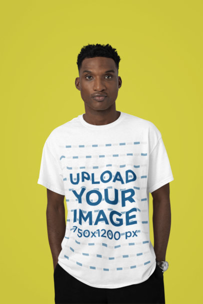 Mockup of a Man Wearing a Rounded-Neck T-Shirt Against a Solid Surface m37917