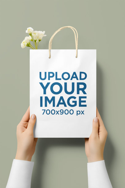AI-Generated Mockup of a Woman's Hands Holding a Gift Bag with Flowers m37167