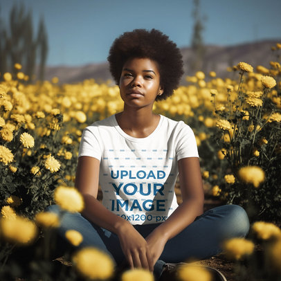 Outdoor-Themed Mockup Featuring an AI-Generated Woman Surrounded by Flowers