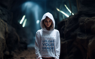 Hoodie Mockup of an AI-Created Serious Woman Posing in a Star Wars-Inspired Setting