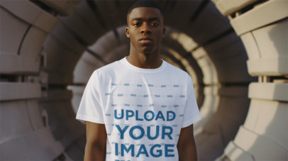 Star Wars-Inspired Mockup of a Man Wearing a Round-Neck Tee in Front of a Spaceship