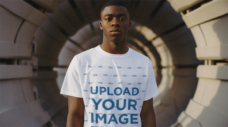 Star Wars-Inspired Mockup of a Man Wearing a Round-Neck Tee in Front of a Spaceship