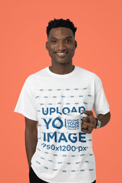 T-Shirt Mockup of a Happy Man Posing in a Studio With an 11 Oz Coffee Mug m37927