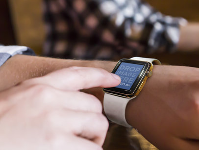 Mockup Template of Young Woman Using a Gold and Beige Apple Watch