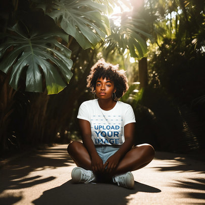T-Shirt Mockup of an AI-Created Woman Sitting in an Outdoor Landscape