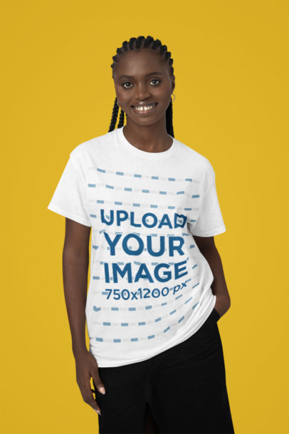 Crewneck Tee Mockup of a Woman Posing With a Smiley Look in a Studio
