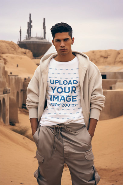 Mockup of a Man Wearing a T-Shirt in a Desert Planet Inspired by Star Wars' Tattooine