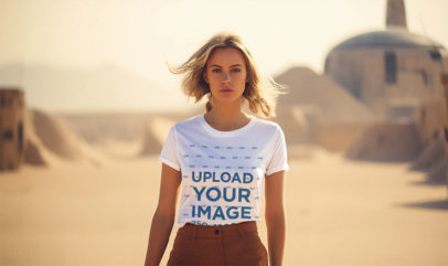 AI-Created Mockup of a Woman Wearing a T-Shirt in a Desert Planet Inspired by Star Wars