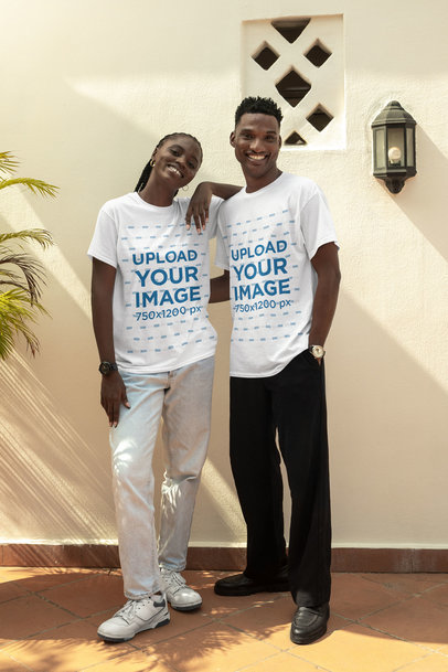 Mockup of a Happy Couple Wearing Matching Round-Neck Tees