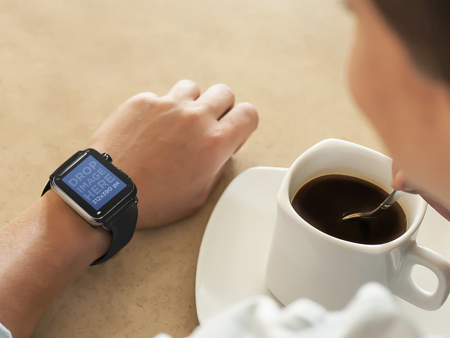 Mockup of a Young Lady on Coffee Break Wearing an Apple Watch