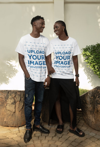 Round-Neck Tee Mockup Featuring a Man and Woman Smiling at Each Other