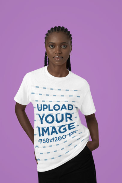 Round-Neck Tee Mockup Featuring a Serious Woman Posing Against a Customizable Background
