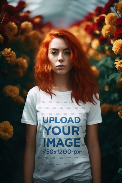 AI-Created Mockup Featuring a Woman With a T-Shirt Posing Against a Floral Landscape