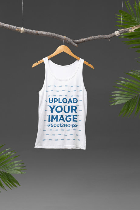 Mockup of a Tank Top with a Scoop Neck Hanging from a Tree Branch in a Studio
