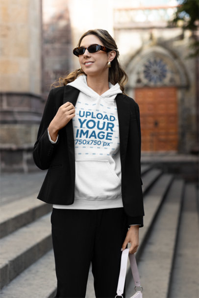 Gildan Hoodie Pullover Mockup of a Smiling Woman Wearing Modest Fashion Clothes