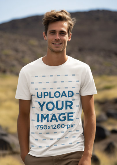 Round-Neck Tee Mockup of  a Smiling Man Standing Against Some Mountains for Earth Day