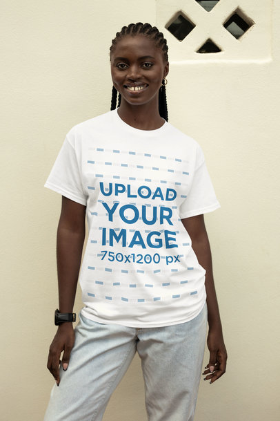 Mockup Featuring a Smiling Woman with Braids Wearing a Round-Neck Tee