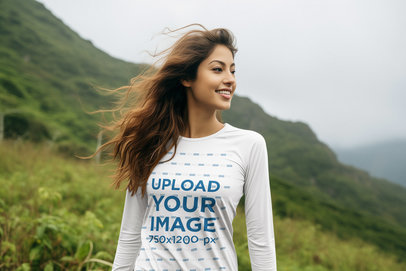 AI-Created Mockup of a Woman with Long Hair Hiking on a Mountain for Earth Day