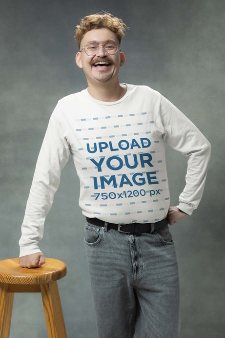 Bella Canvas Long-Sleeve Tee Mockup of a Cheerful Man in an 80s Portrait Setting