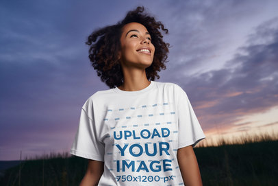AI-Generated T-Shirt Mockup of a Woman Posing Under a Beautiful Sky for Earth Day