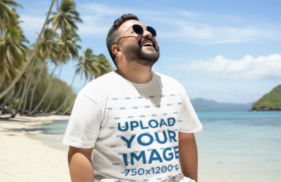 Earth Day-Themed Mockup of an AI-Generated Man in a T-Shirt While Enjoying the Beach